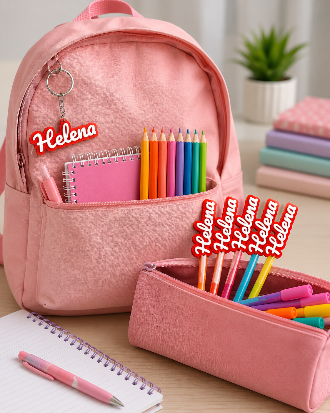 Conjunto Escolar Personalizado com Nome – Chaveiro e Identificadores para Lápis | Impressão 3D